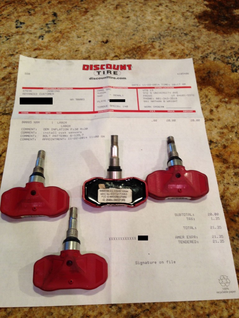 TPMS sensors installed for $20 at Discount Tire