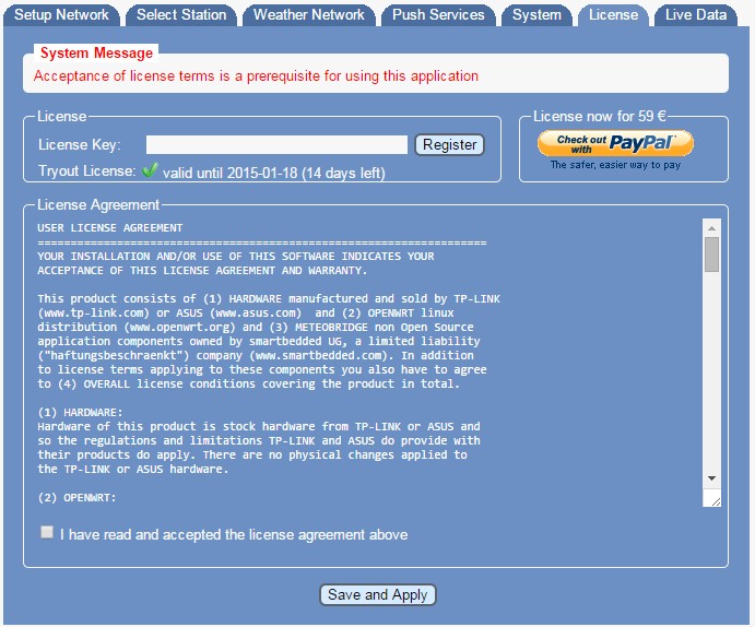 MeteoBridge "License" tab