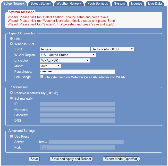 MetoBridge "Setup Network" tab