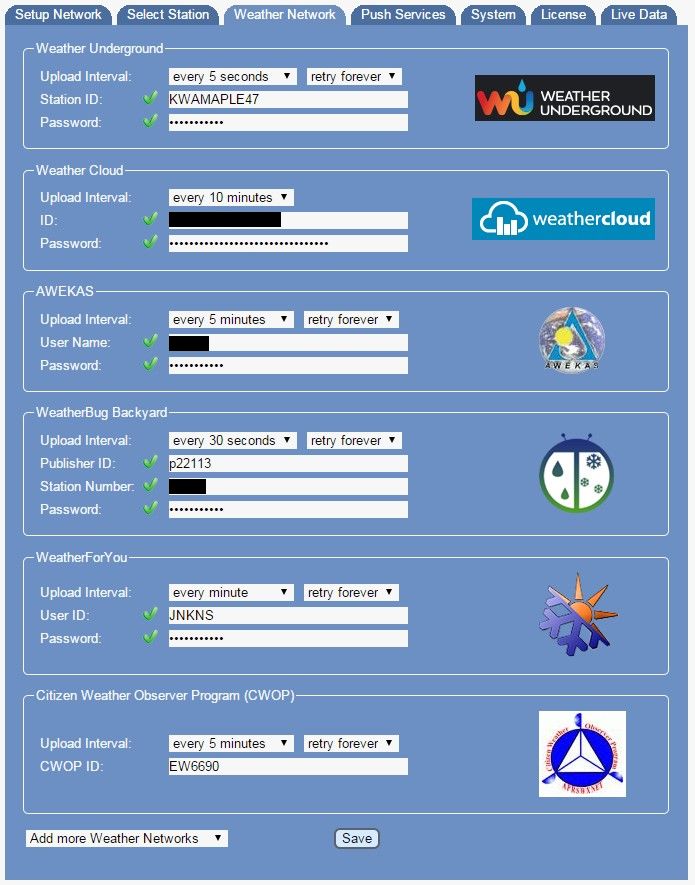 MeteoBridge "Weather Network" tab with all my networks configured