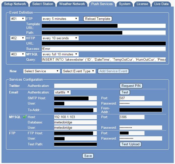 MeteoBridge Push Services tab with MySQL query included.