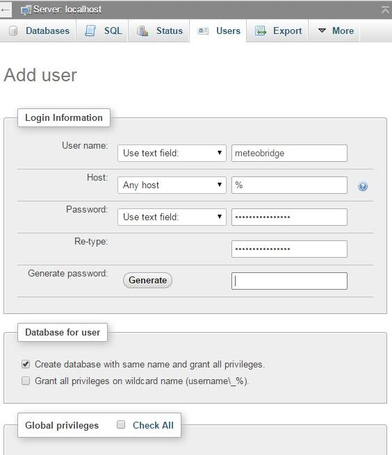 Create a new user and database for MeteoBridge