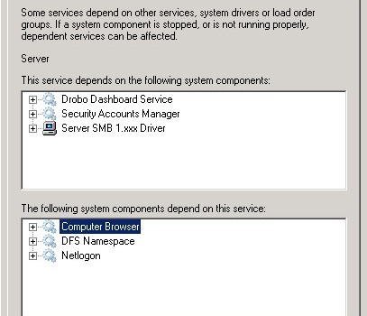 LanmanServer now dependent on Drobo Dashboard