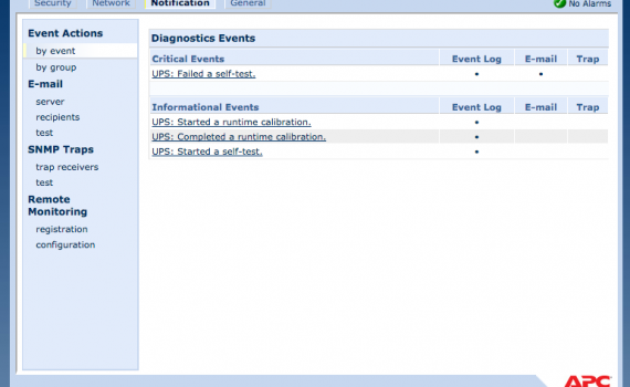 APC UPS Diagnostic Events interface