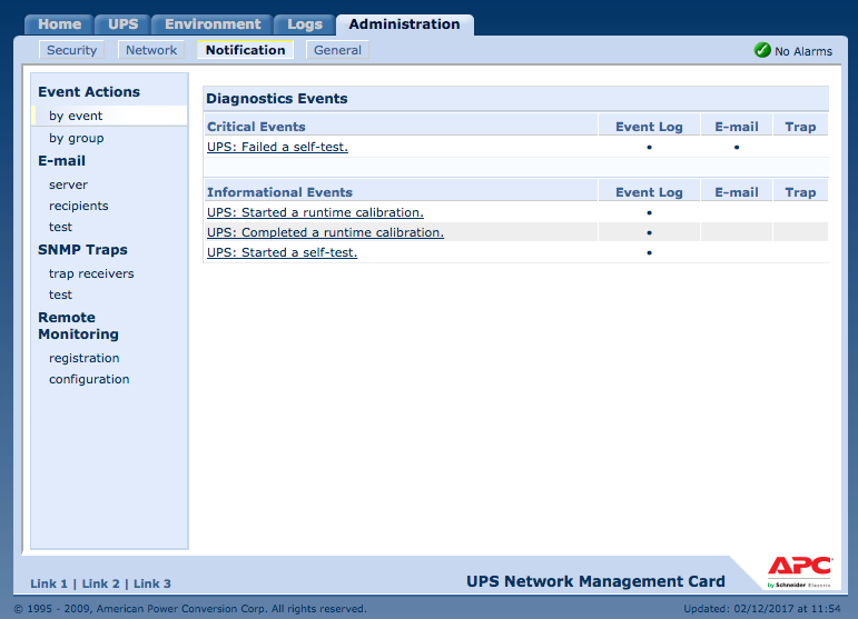 APC UPS Diagnostic Events interface