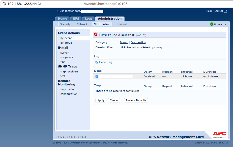 APC Smart-UPS notification page for UPS: Failed a self-test