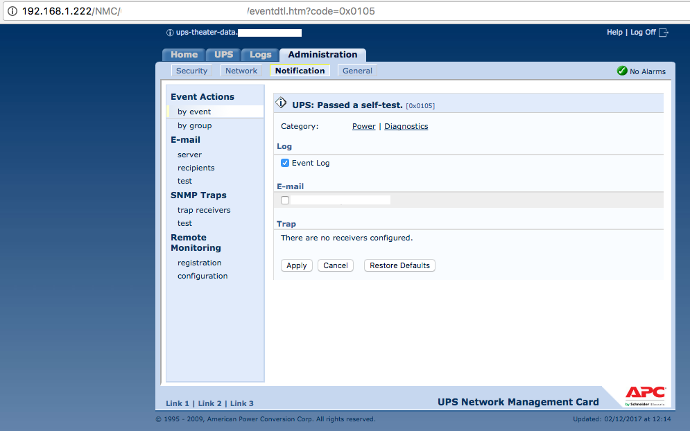 The hidden APC Smart-UPS notification page for UPS: Passed a self-test