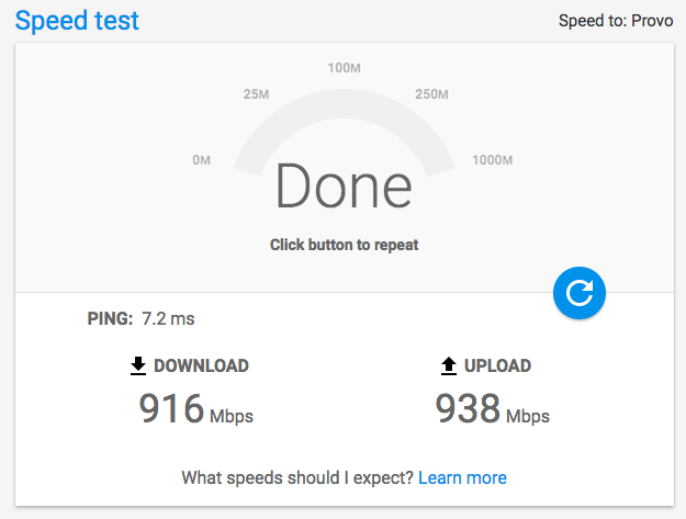 Google Fiber speed test of EdgeRouter Lite